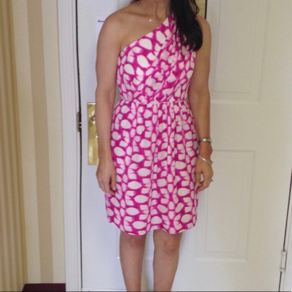 Shoshanna pink & white silk one shoulder dress